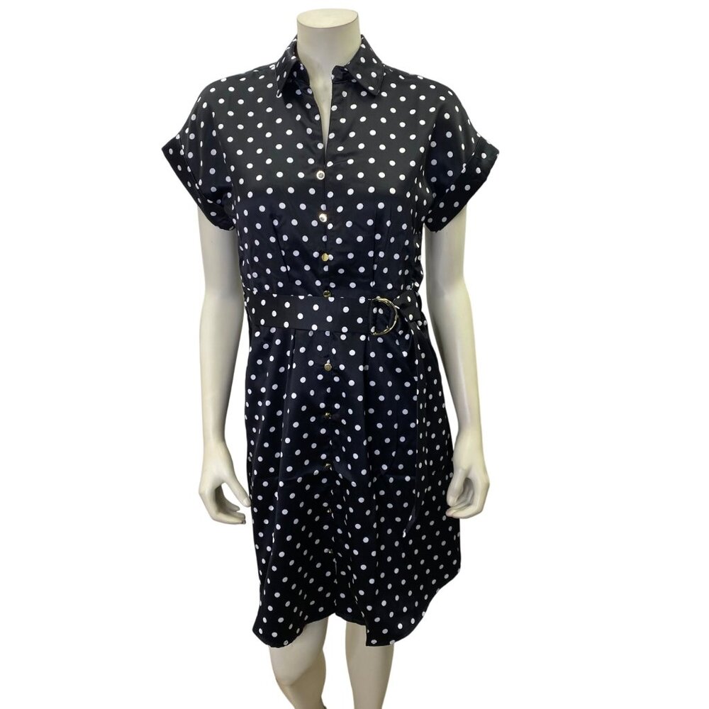 French Connection Women's Satin Blk/White Polka‎ Dot Dress Lg NWT
